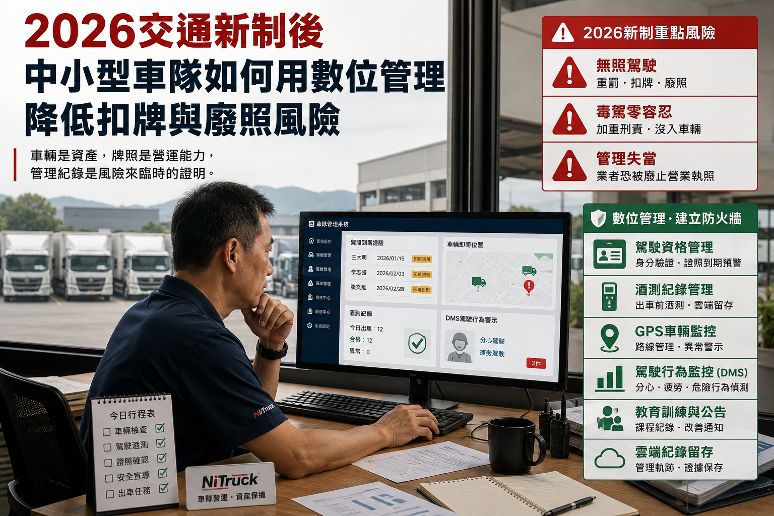 中小型車隊用數位管理降低扣牌與廢照風險的示意圖