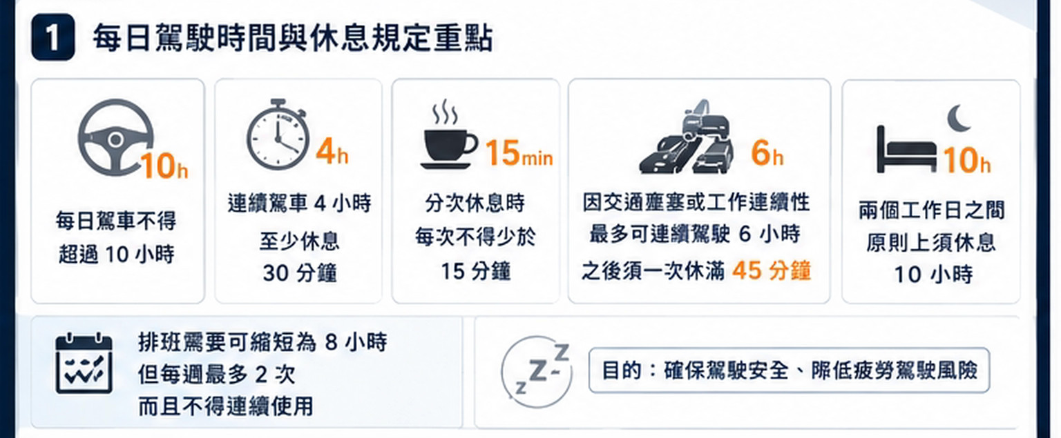 營業大貨車每日駕車 10 小時、連續駕車休息、工作日間休息與 8 小時縮短限制